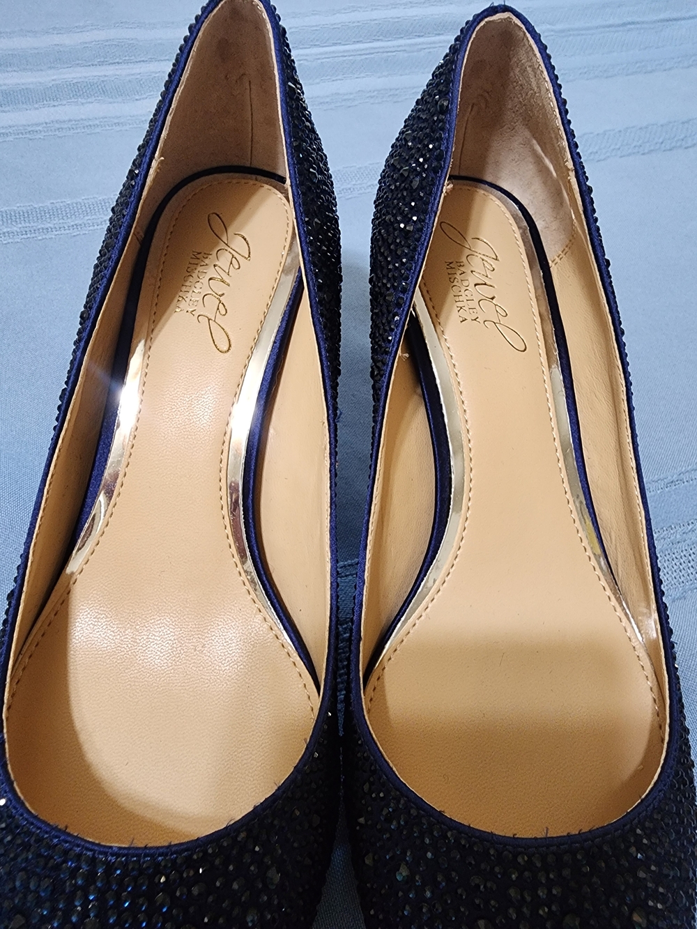 Badgley Mischka Navy Jeweled Pointed Toe Pumps - Picture 3 of 5